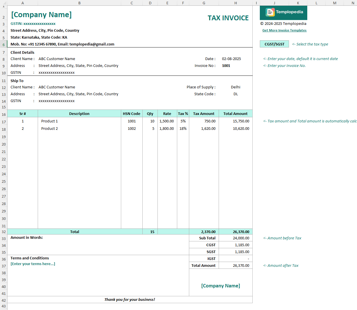 Free GST Invoice Template in Excel